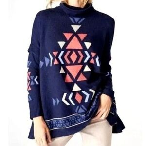 J.Jill Blue Aztec Print Sweater Oversize Cowl Neck Indigo Pullover Sz M Women